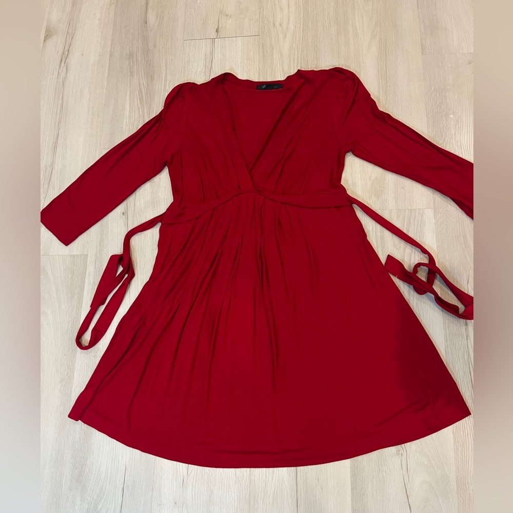 Forever 21 Women Dress Red L Long Sleeve V-Neck Empire Waist Cocktail Mini